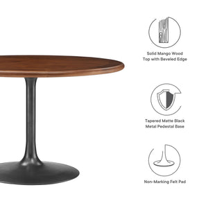 48 Inch Round Wood Dining Table with Metal Pedestal in Black Walnut - Modern Industrial Dining Table for 4 People - Solid Wood Tulip Kitchen Table