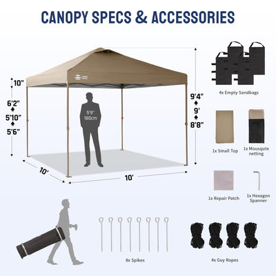 Gazebo 10x10 Pop Up Canopy with Mosquito Netting, Screen Tent with 4 Ropes, 8 Stakes, 4 Sandbags and Wheeled Storage Bag, Canopy for Patio & Backyard, Beige