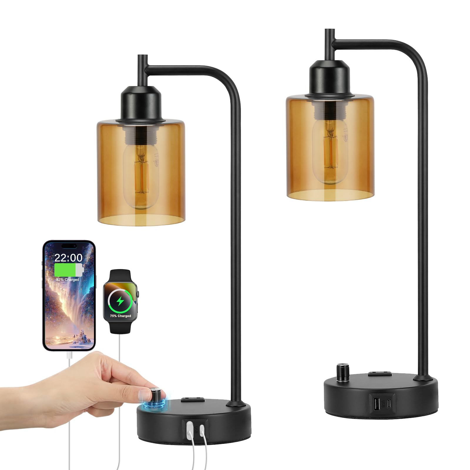 Industrial Bedside Lamps for Nightstand Set of 2 - Fully Dimmable Bedroom Lamps with USB A C Ports and Outlet, Black Table Lamps with Amber Glass Shade for Living Room, Desk Lamps for Office Reading