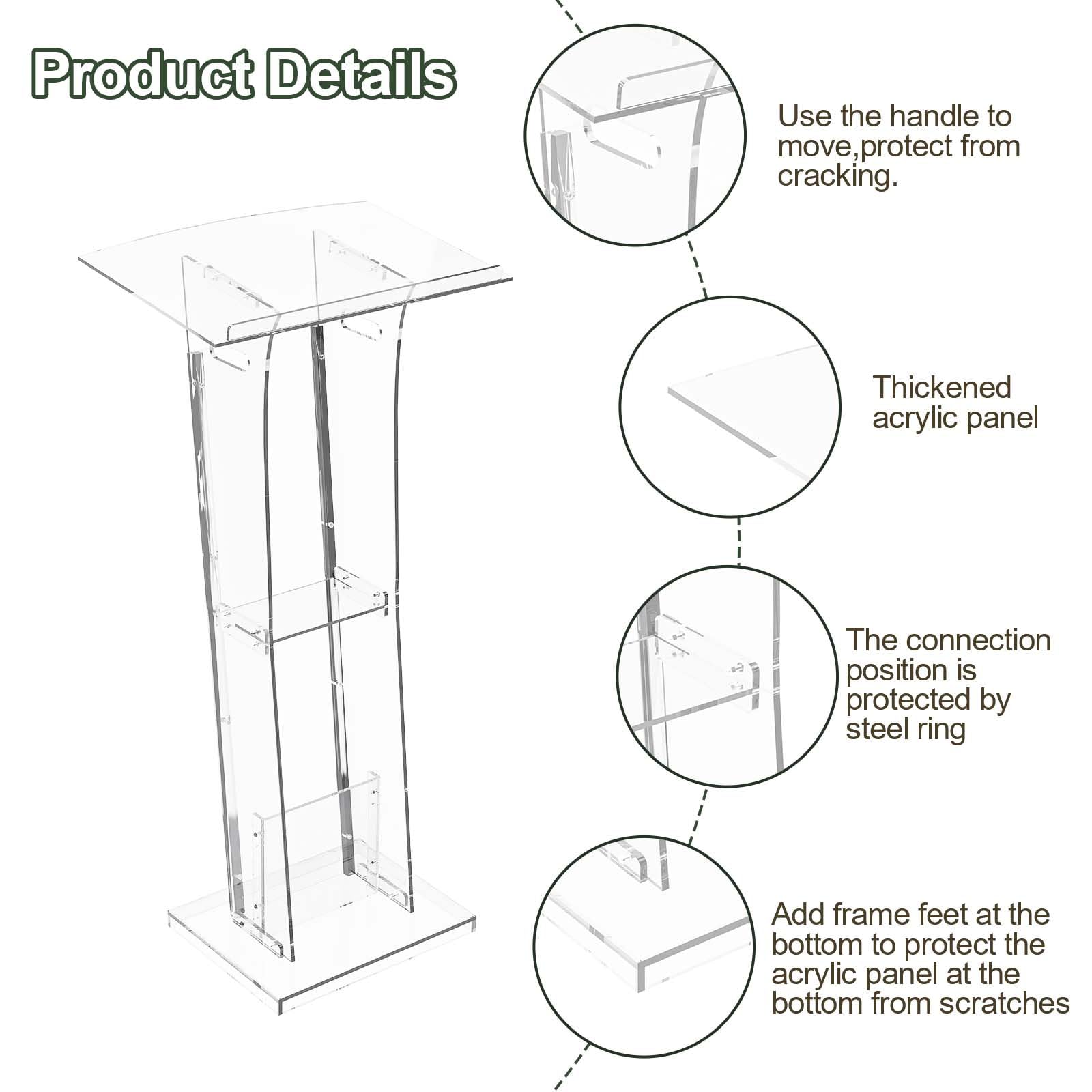 Acrylic Clear Lecterns Podium Stand, 48 Inch - Pulpits with Storage Shelf for Churches, Conference, Speeches, Weddings, Classrooms, Professional Presentation Podiums (Transparent)