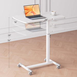 Small Standing Desk, 28 Inches Tiltable Mobile Rolling Laptop PC Table with Lockable Casters, Adjustable Height Overbed Bedside Table Computer Workstation for Home Office, White-Tiltable