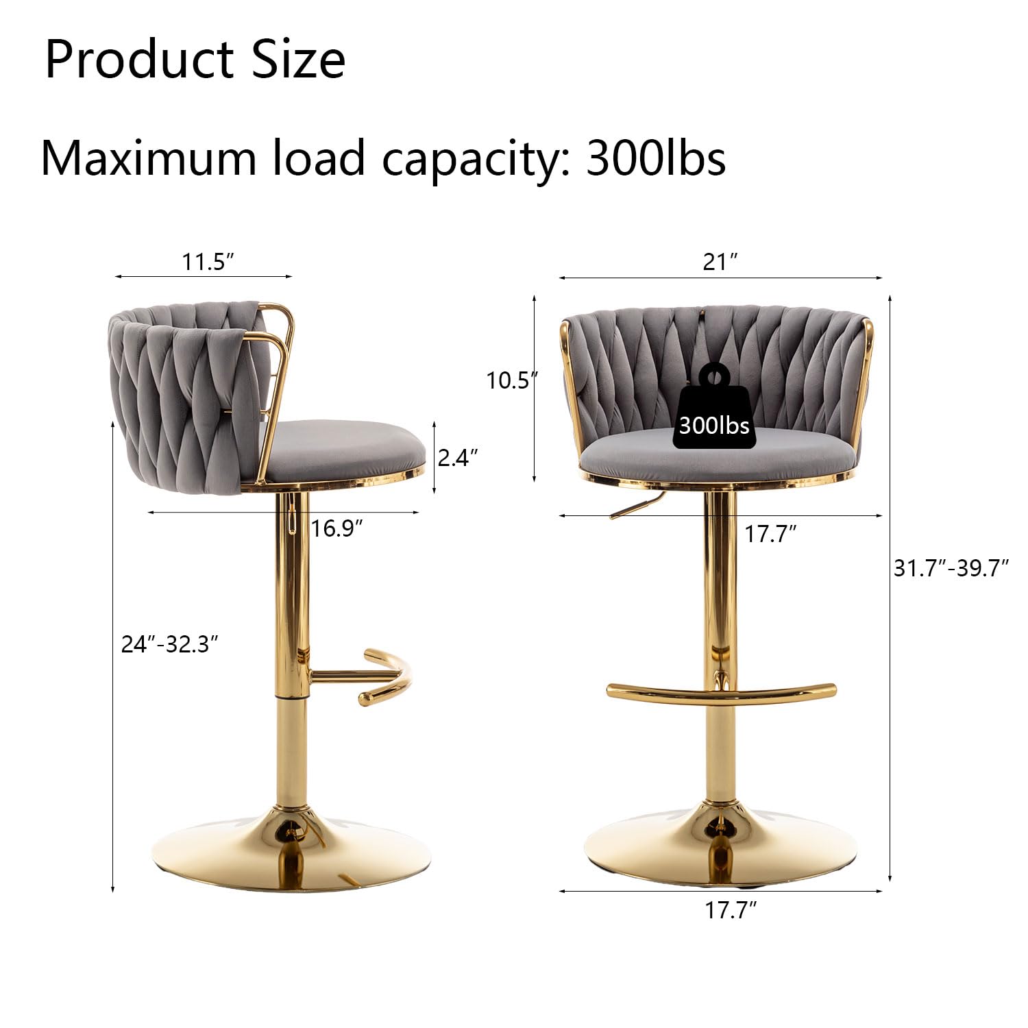 Gold Velvet Bar Stools Set of 2, Swivel Counter Height Bar Stools with Back, Adjustable Woven Barstools for Kitchen Island, Pub, Club (Grey)