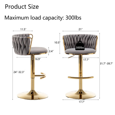 Gold Velvet Bar Stools Set of 2, Swivel Counter Height Bar Stools with Back, Adjustable Woven Barstools for Kitchen Island, Pub, Club (Grey)