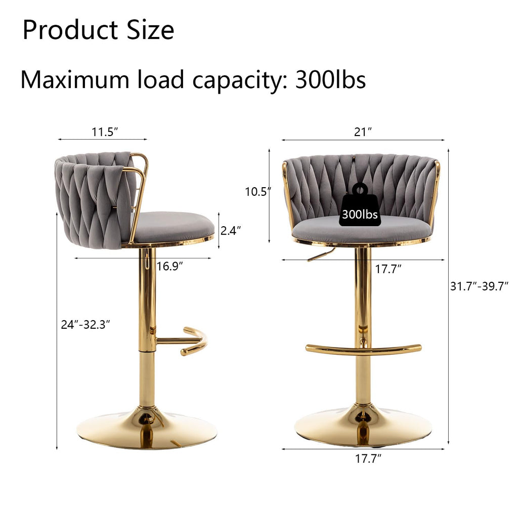 Gold Velvet Bar Stools Set of 4, Swivel Counter Height Bar Stools with Back, Adjustable Woven Barstools for Kitchen Island, Pub, Club (Grey)