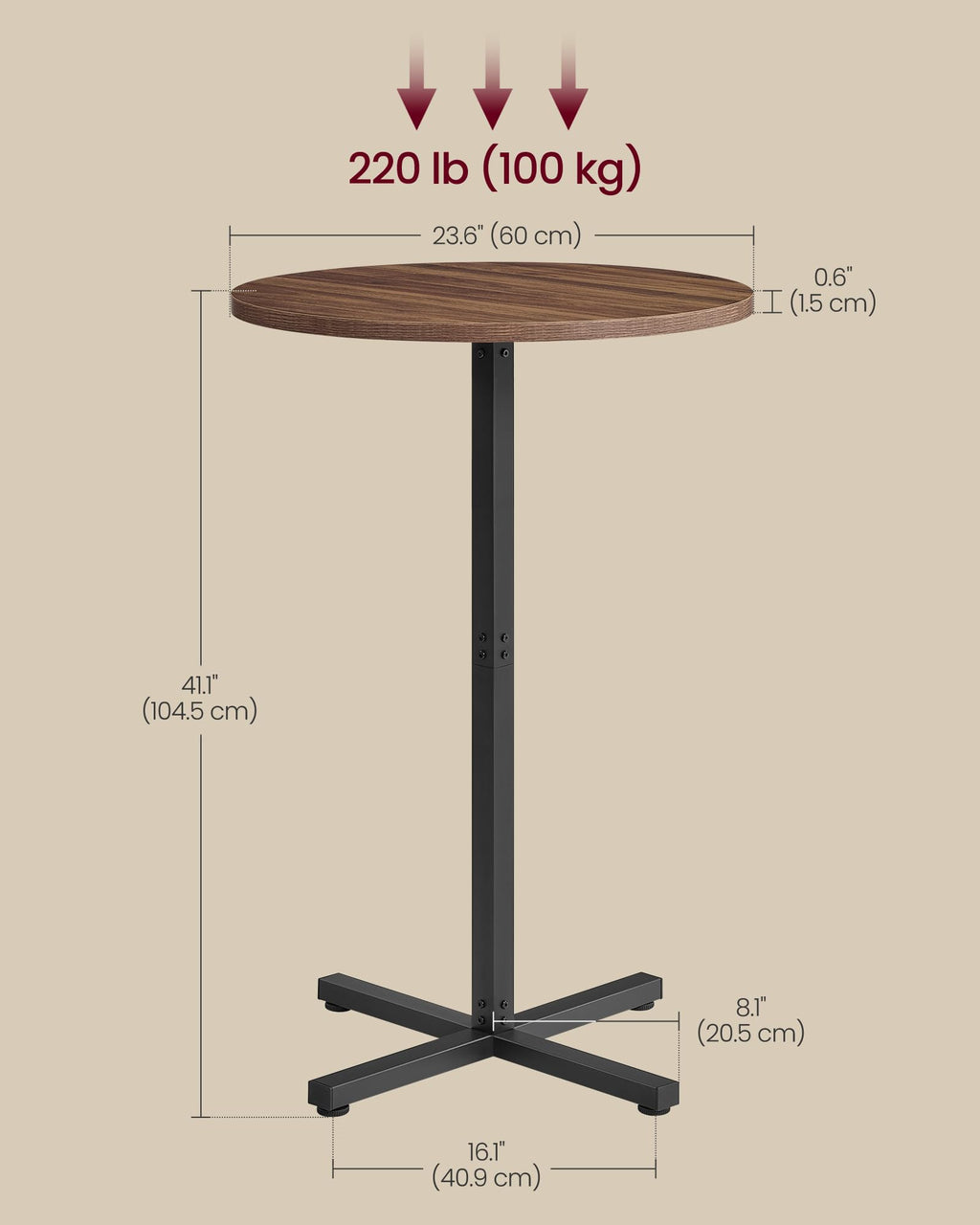 Round Cocktail Table, High Top Bar Pub Table with Metal Frame and Cross Base, for 2-3 People, Modern, Easy to Assemble, 23.6 x 41.1 Inches, Natural Walnut