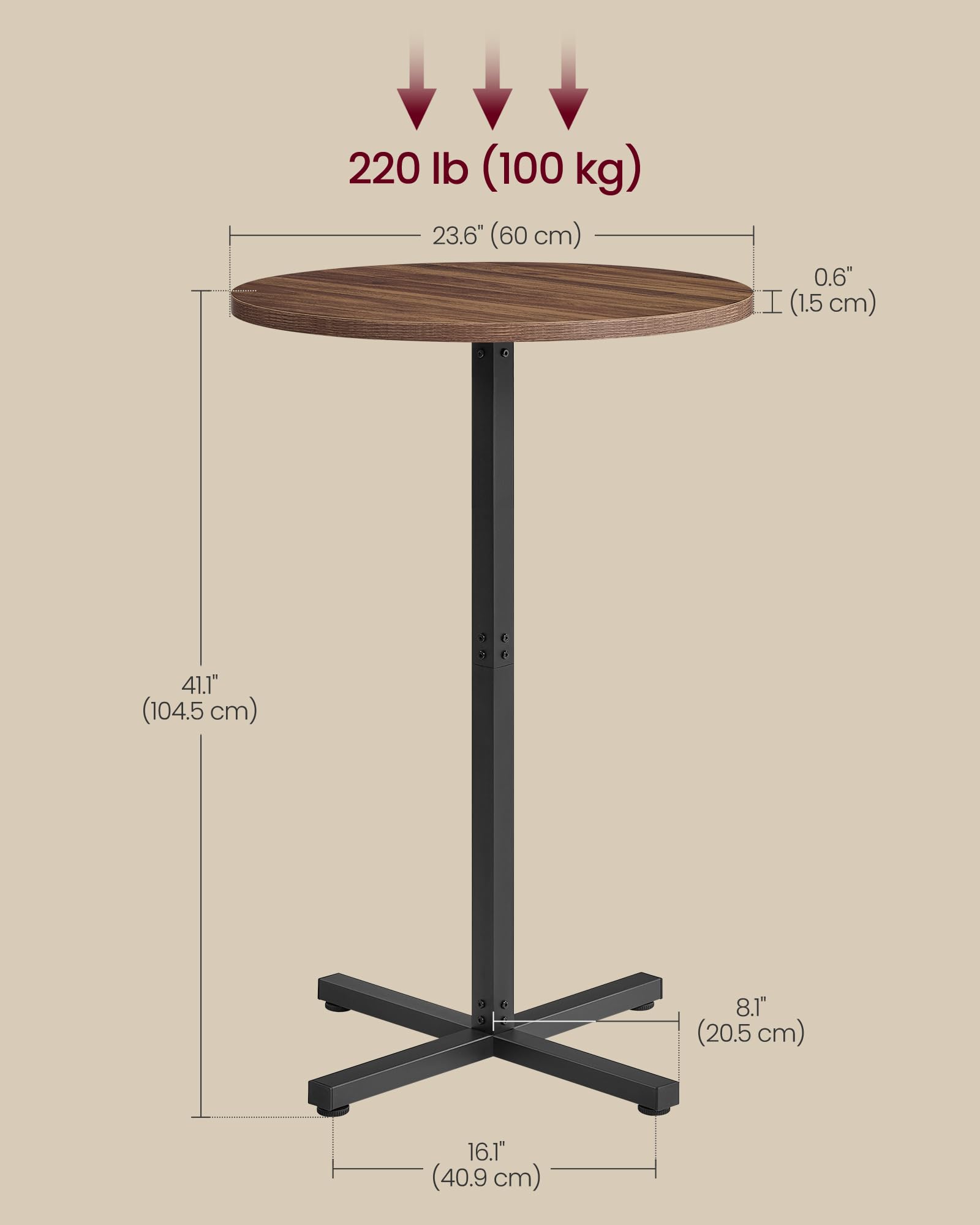 Round Cocktail Table, High Top Bar Pub Table with Metal Frame and Cross Base, for 2-3 People, Modern, Easy to Assemble, 23.6 x 41.1 Inches, Natural Walnut