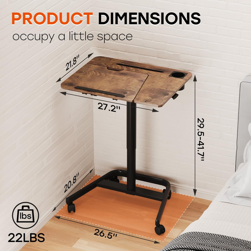 Mobile Standing Desk, Height Adjustable Table, 60° Tiltable Rolling Laptop Desk, Portable Sit Stand Desk with Wheels Cup Holder for Bed Couch Hospital, Holds Up to 22lbs, Rustic