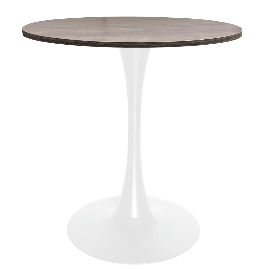27" Wide Round Dining Table, Modern MDF Wood Top & White Metal Pedestal Base Gloss Finish Accent Table Mid-Century Café Table, Kitchen Dining Room Furniture, Dark Walnut
