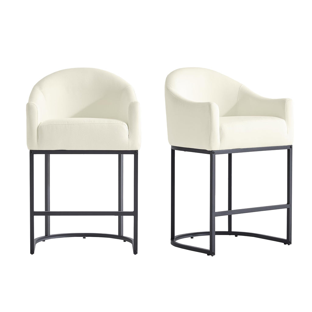 Counter Height Bar Stools Set of 2,Modern Counter Height Bar Stools,PU Leather Upholstered Barrel Barstools with Backs,26'' Kitchen Island Chairs,Metal Black Frames,Beige White Leather