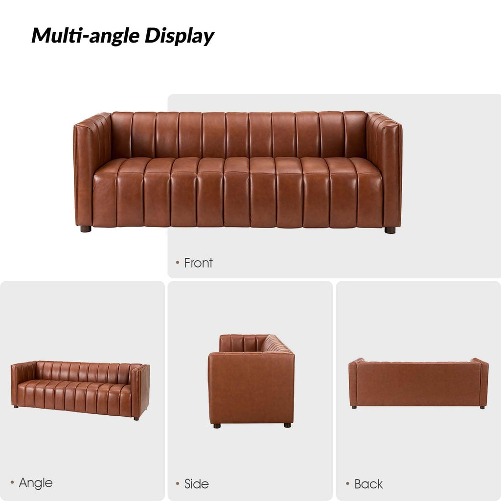 83" Genuine Leather Sofa with Channel Tufted Design, 3-Seater Sofa for Living Room Bedroom, Modern Oversized Couch with Wood Legs, Brown
