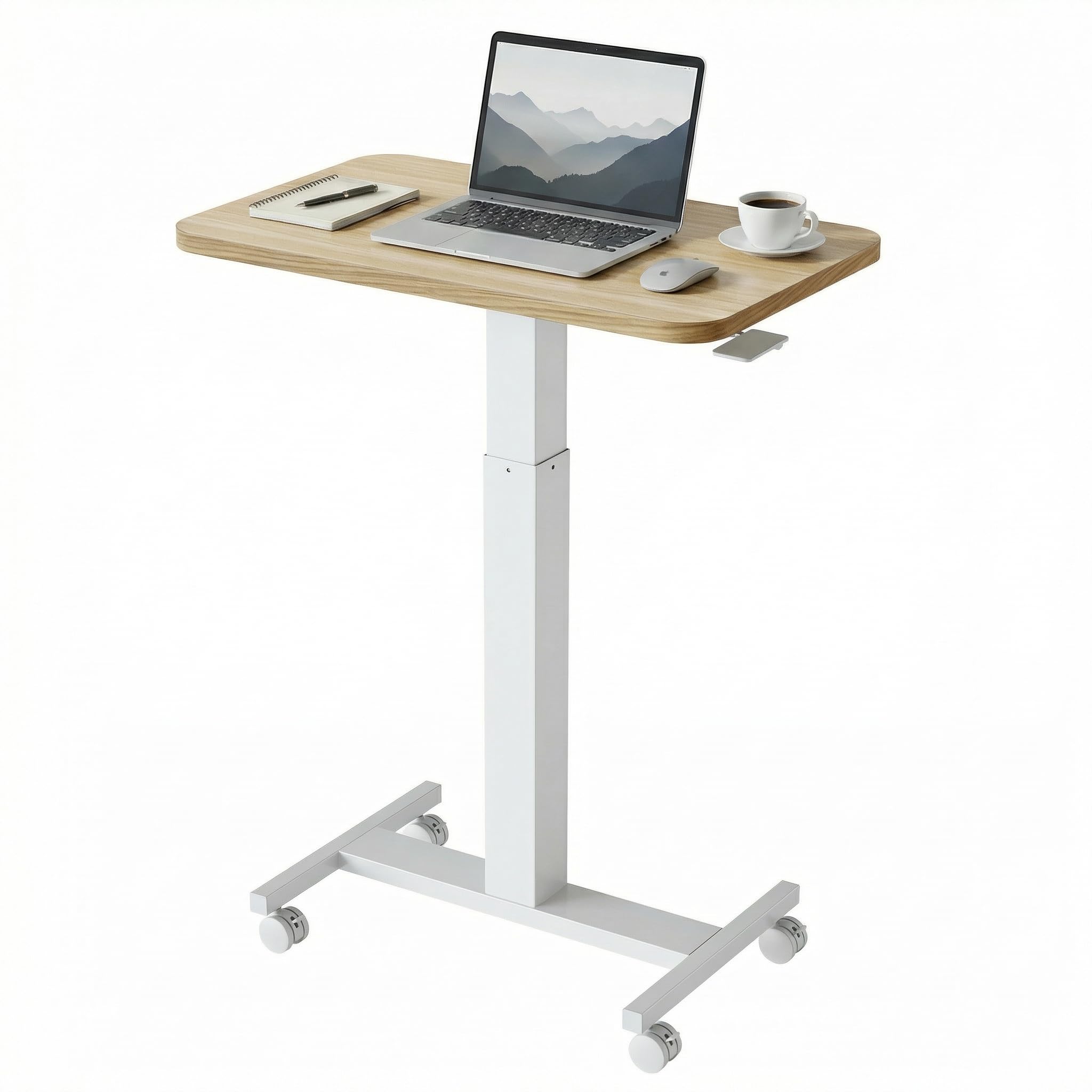 Small Rolling Laptop Standing Desk, Height Adjustable Mobile T-Base Desk with Lockable Casters, Portable Sit-Stand Workstation for Bedside & Sofa, Light Walunt