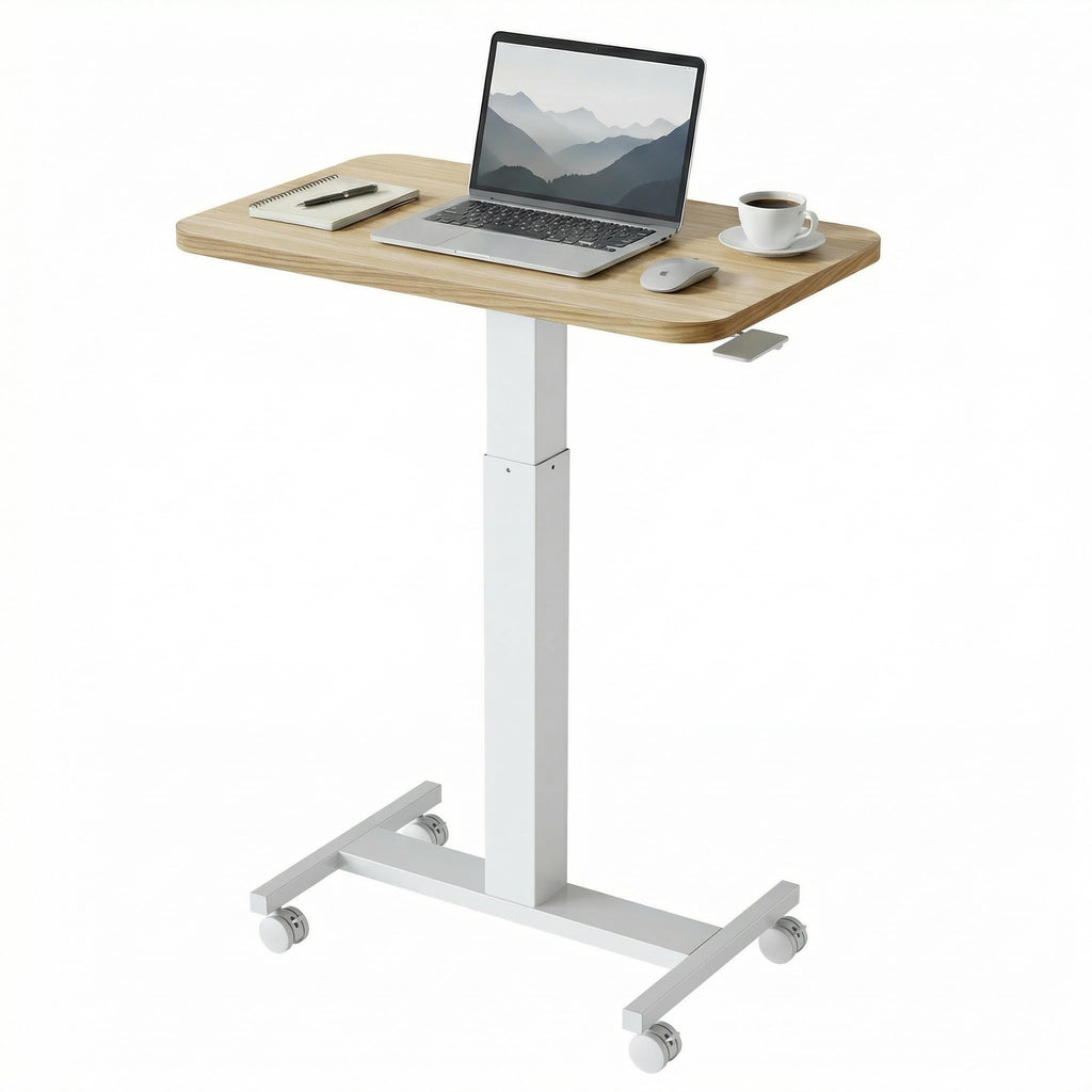 Small Rolling Laptop Standing Desk, Height Adjustable Mobile T-Base Desk with Lockable Casters, Portable Sit-Stand Workstation for Bedside & Sofa, Light Walunt