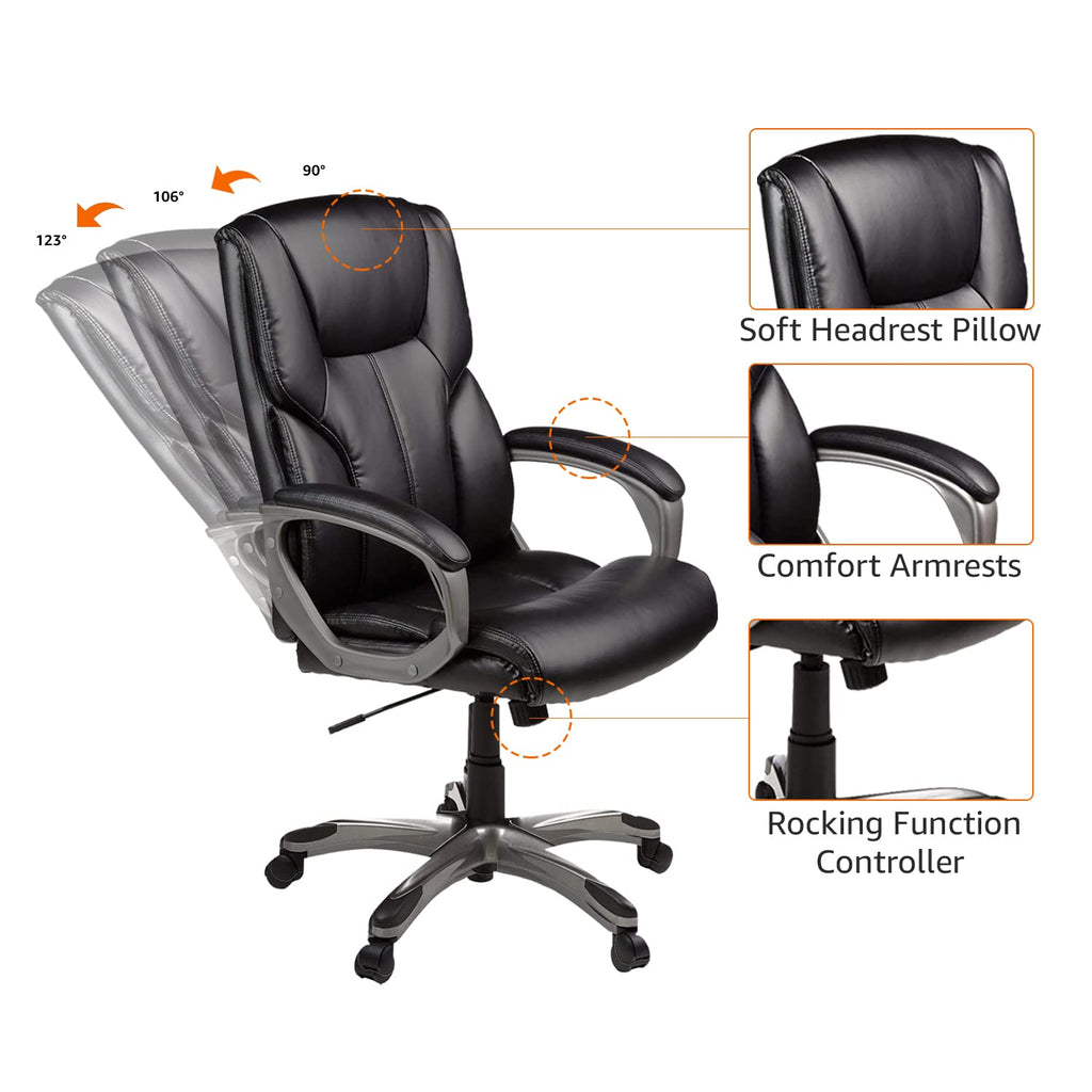 Executive High Back Office Chair, Adjustable Height, Tilt, Swivel, Padded Seat, Bonded Leather, Wheels, Black/Silver