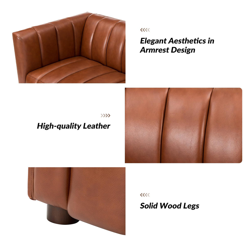 83" Genuine Leather Sofa with Channel Tufted Design, 3-Seater Sofa for Living Room Bedroom, Modern Oversized Couch with Wood Legs, Brown
