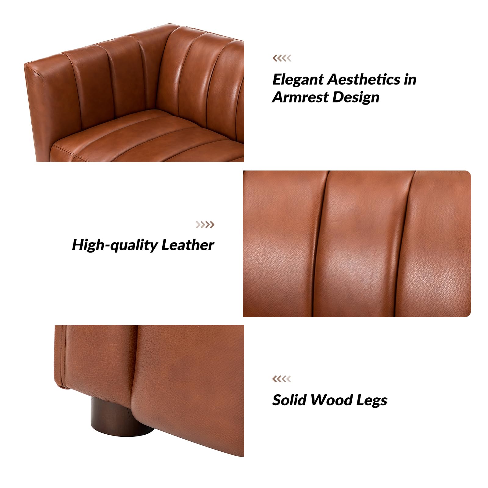 83" Genuine Leather Sofa with Channel Tufted Design, 3-Seater Sofa for Living Room Bedroom, Modern Oversized Couch with Wood Legs, Brown