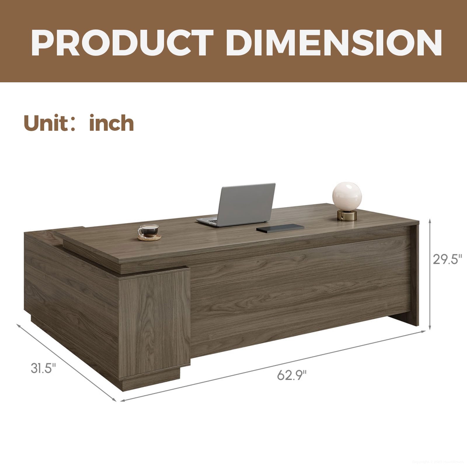 L-Shaped Executive Workstation with Lockable Drawers, 63” Large Office Furniture with Storage Cabinet & Cable Management, Reversible Home Office Setup (Black Walnut,63" L*32" W*30" H)