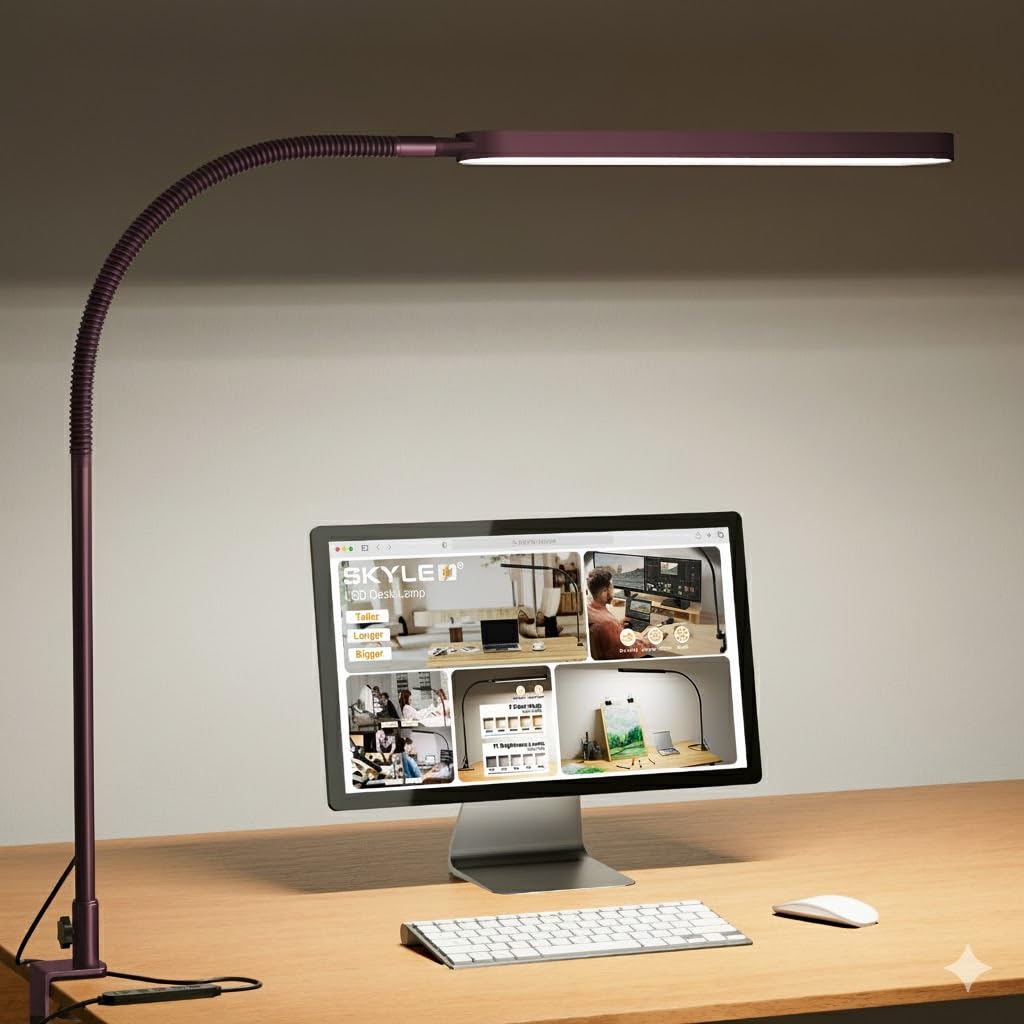 LED Desk Lamp - Desk Light for Home Office - Flexible Gooseneck - 5 Color Modes X 11 Brightness Levels - 1300LM - Timmer & Memory Function - 12W Clip on Light - Red