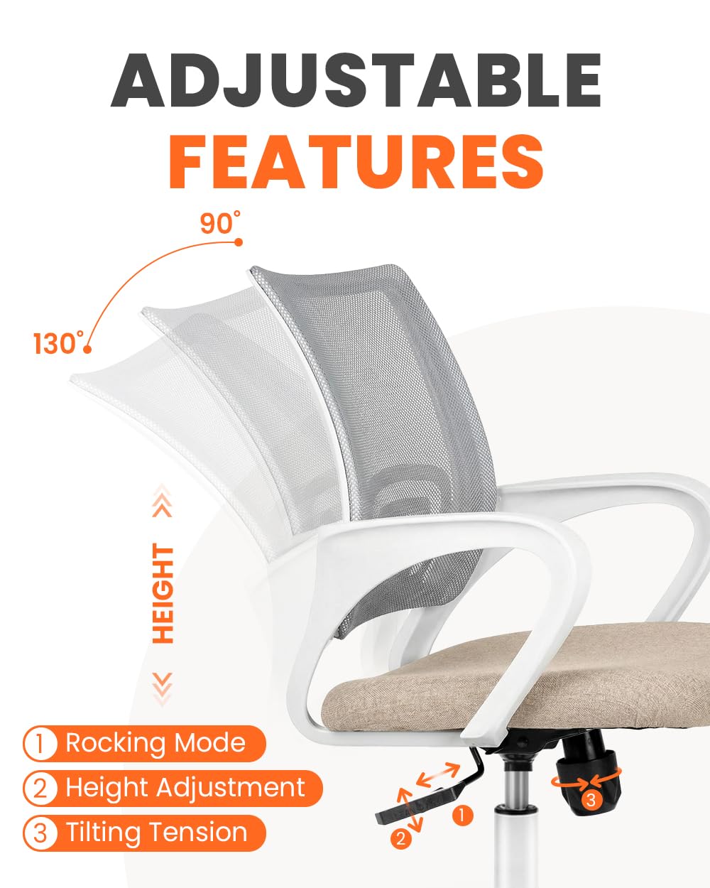 Office Desk Computer Chair Ergonomic Mesh Gaming Cushion Seat with Comfy Lumbar Mid Back Support Adjustable Height Swivel Rolling Wheels for Home Task (Beige)