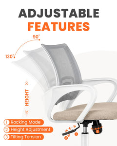 Office Desk Computer Chair Ergonomic Mesh Gaming Cushion Seat with Comfy Lumbar Mid Back Support Adjustable Height Swivel Rolling Wheels for Home Task (Beige)