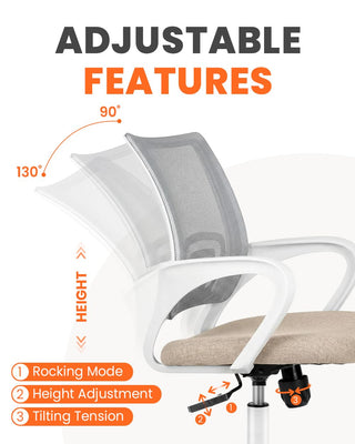 Office Desk Computer Chair Ergonomic Mesh Gaming Cushion Seat with Comfy Lumbar Mid Back Support Adjustable Height Swivel Rolling Wheels for Home Task (Beige)
