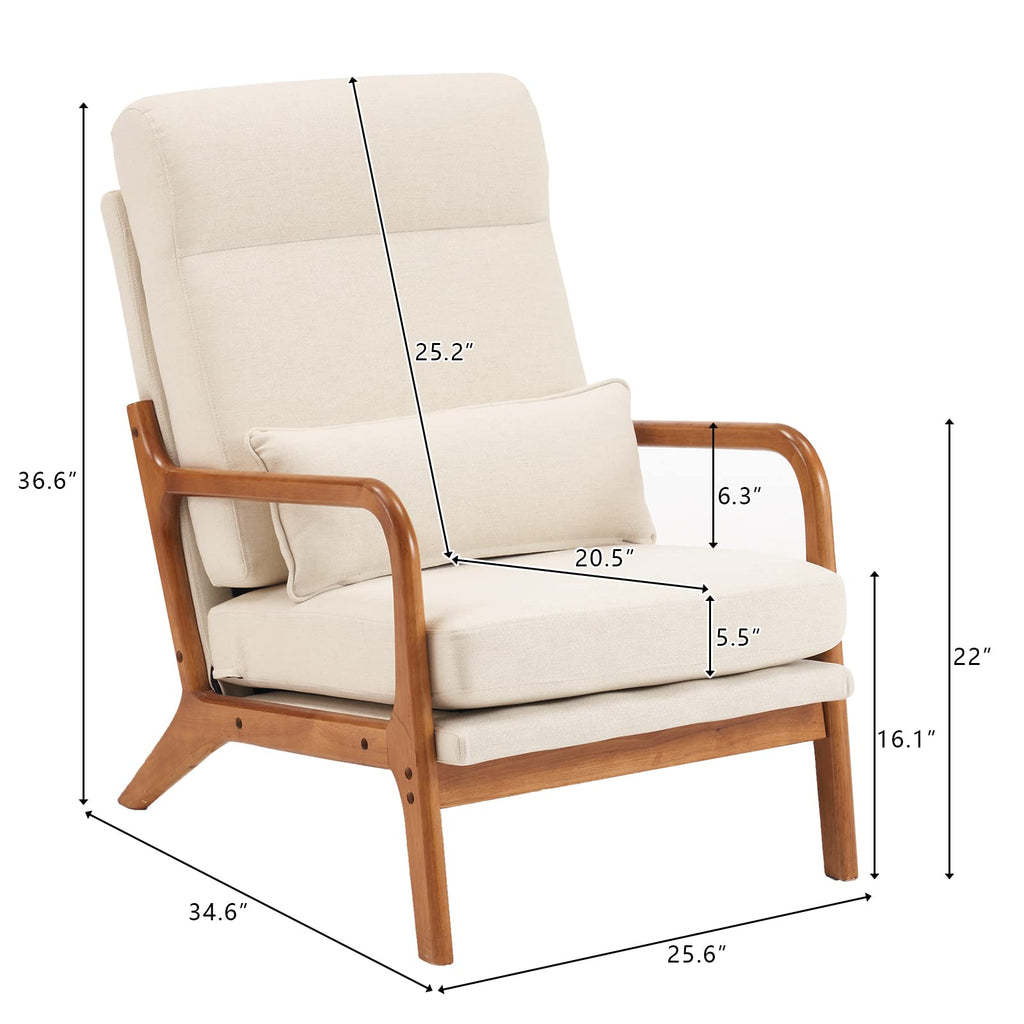 High Back Beige Accent Chairs Set of 2, Upholstered Mid Century Modern Lounge Fabric Chairs Reading Chairs Side Sitting Chair Solid Wood Farmhouse Armchairs for Living Room, Bedroom, Guest Room
