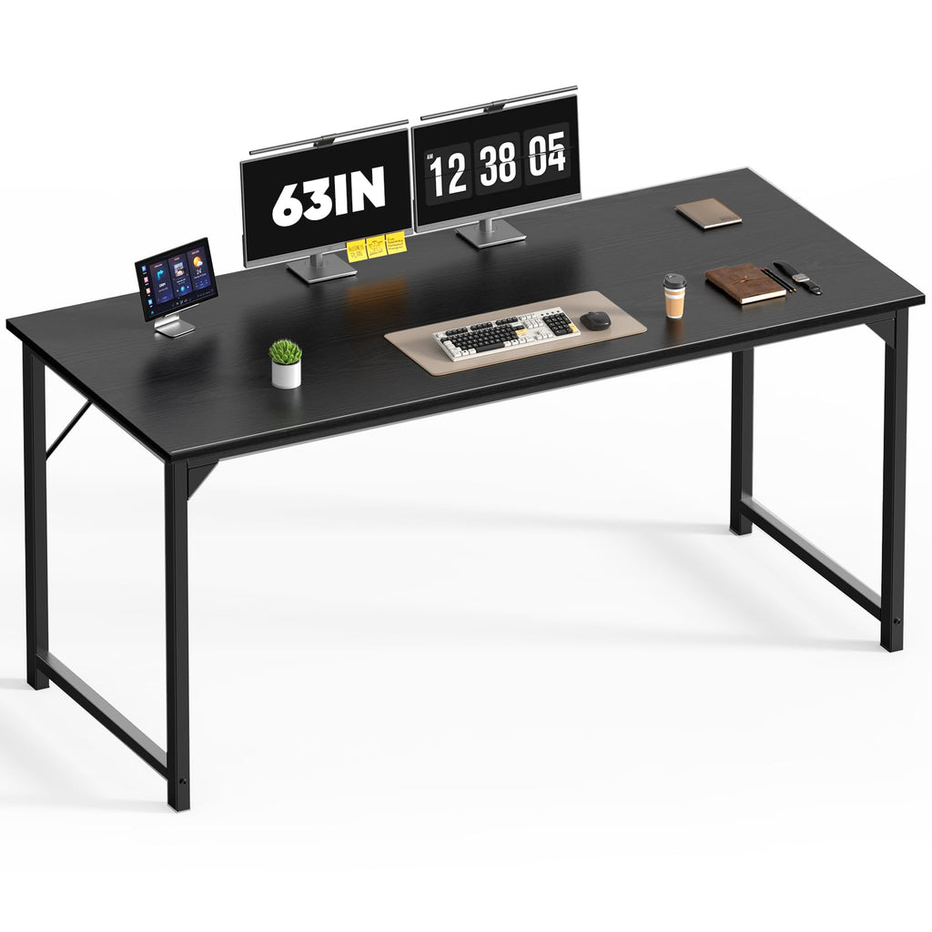 63 Inch Computer Desk Writing Gaming Study Work Large Desks for Bedroom Home Office with Metal Frame Simple Modern PC Compact Table Workstation, Wood Black