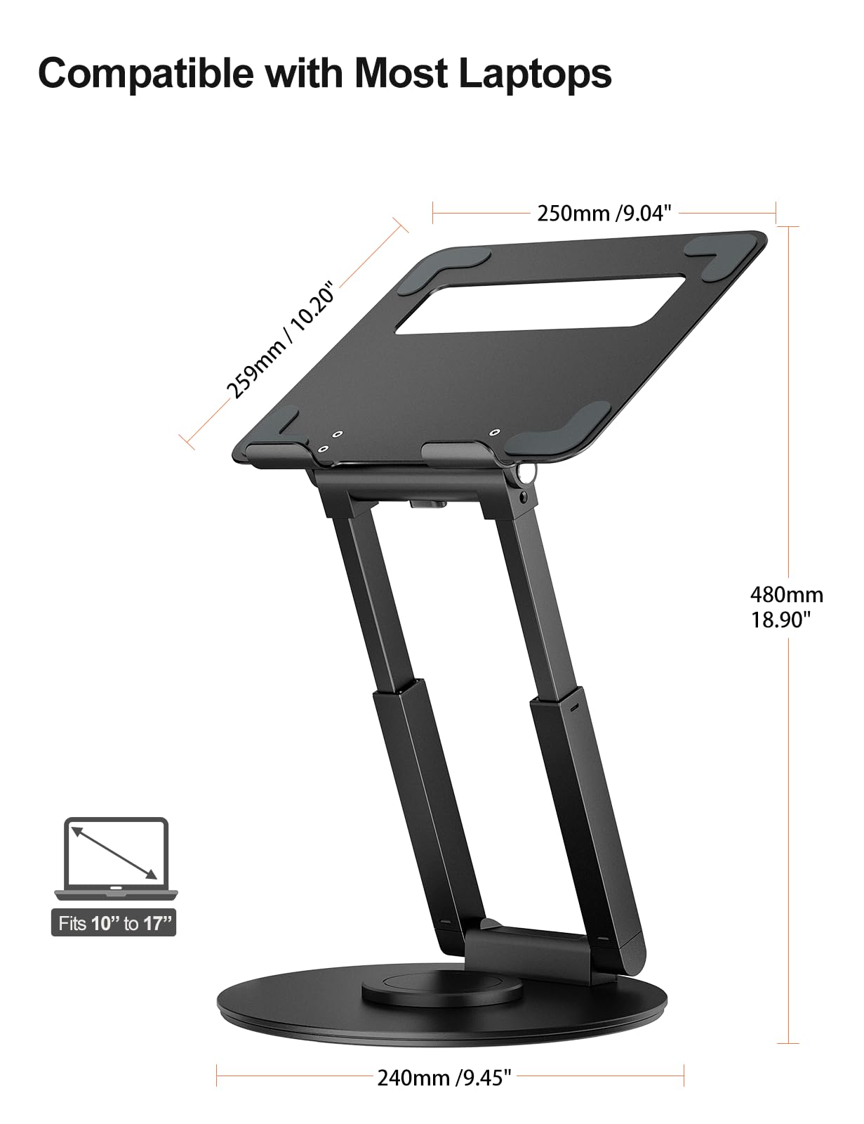 Laptop Stand for Desk with 360° Swivel Base, Sit to Stand, Height Adjustable, Portable Riser Holder for Good Posture, Compatible with MacBook Pro, All Laptops 10-17" - Black