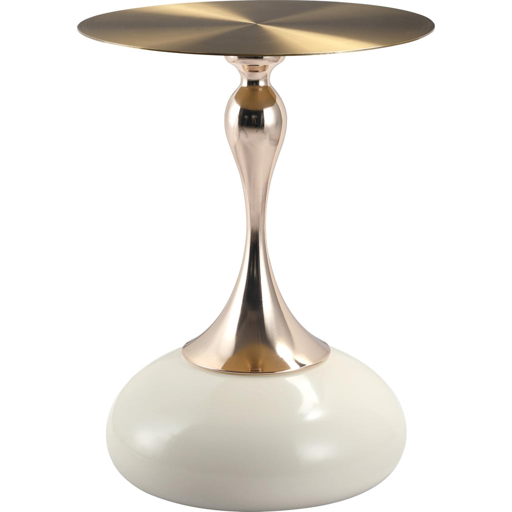 Modern Round Side Table with Gold Stainless Steel Top, Gold Pedestal Stem & Glossy Base, Accent End Table for Living Room, Bedroom, or Small Spaces, 17.7" × 21.6", White