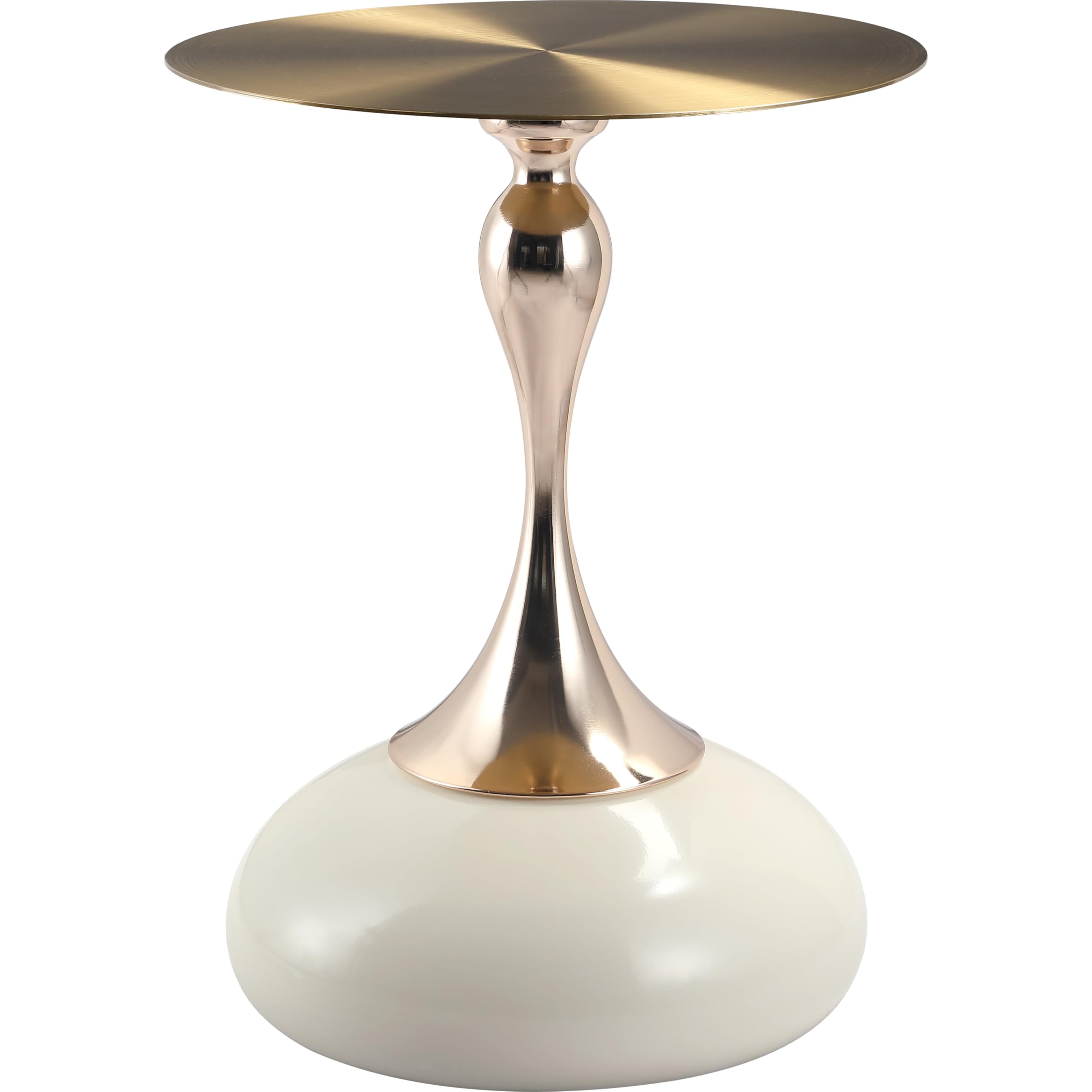 Modern Round Side Table with Gold Stainless Steel Top, Gold Pedestal Stem & Glossy Base, Accent End Table for Living Room, Bedroom, or Small Spaces, 17.7" × 21.6", White