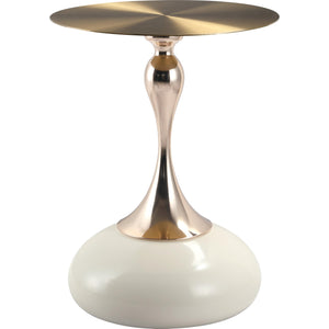 Modern Round Side Table with Gold Stainless Steel Top, Gold Pedestal Stem & Glossy Base, Accent End Table for Living Room, Bedroom, or Small Spaces, 17.7