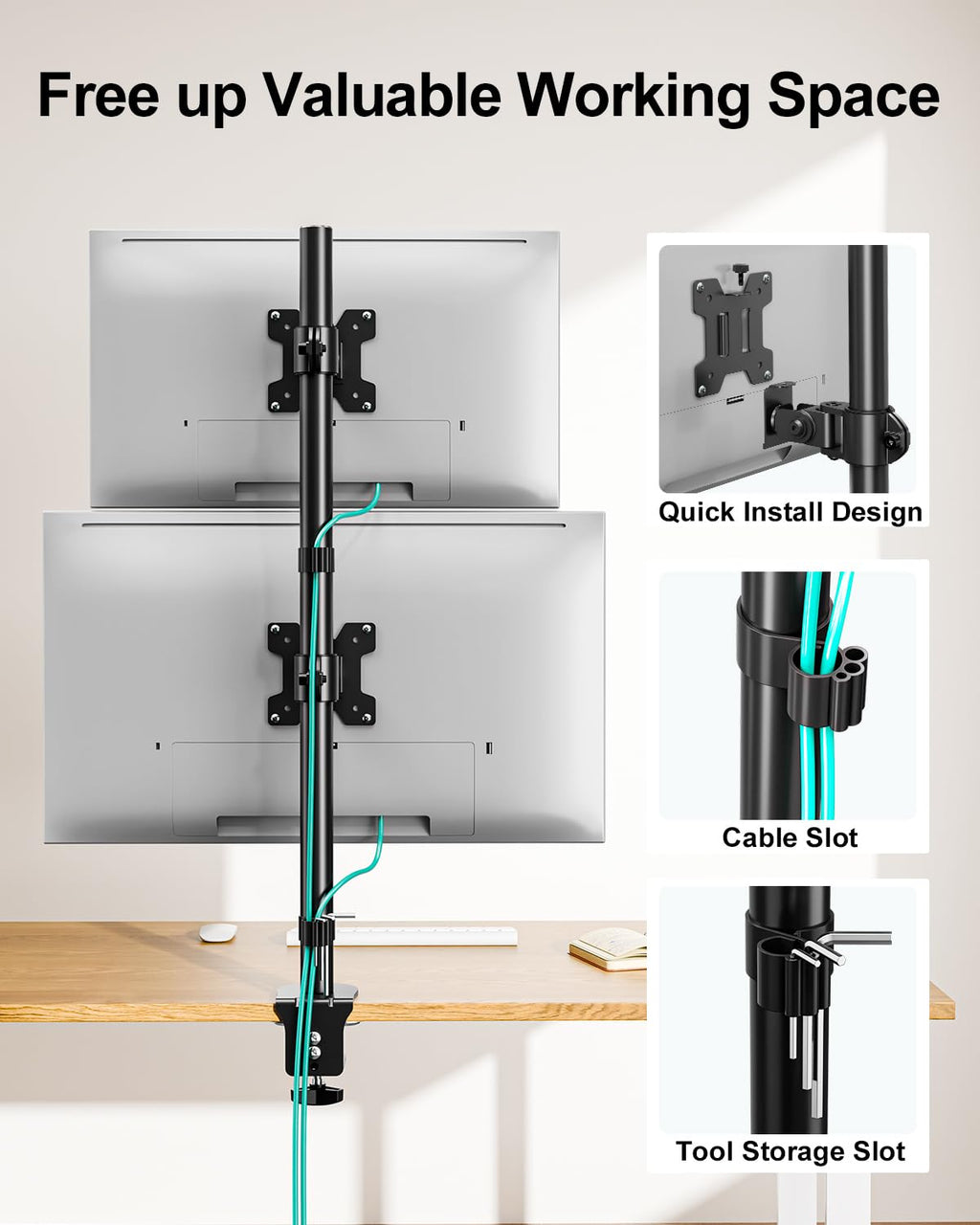Vertical Dual Monitor Stand, Stacked Monitor Mount for 2 Monitors Up to 32 inches, Computer Monitor Arm with Swivel, Tilt, Height Adjustable, Each Monitor Desk Mount Holds up to 17.6 lbs