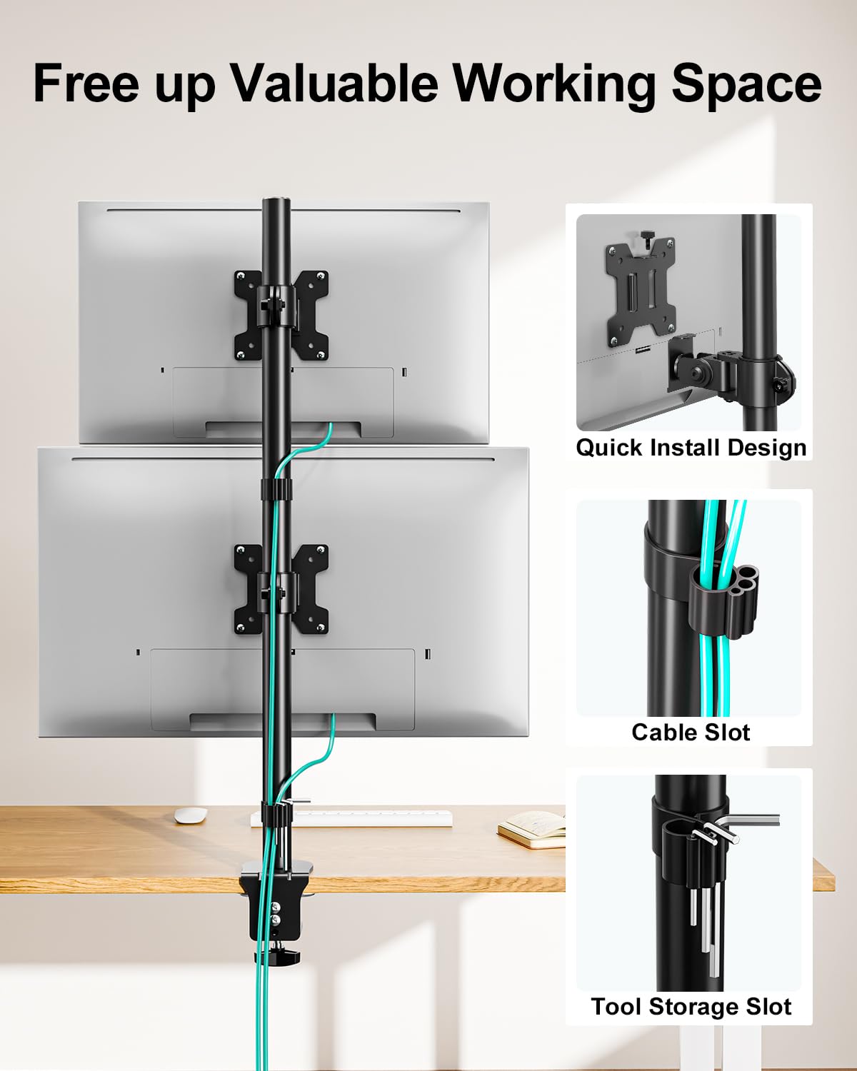 Vertical Dual Monitor Stand, Stacked Monitor Mount for 2 Monitors Up to 32 inches, Computer Monitor Arm with Swivel, Tilt, Height Adjustable, Each Monitor Desk Mount Holds up to 17.6 lbs