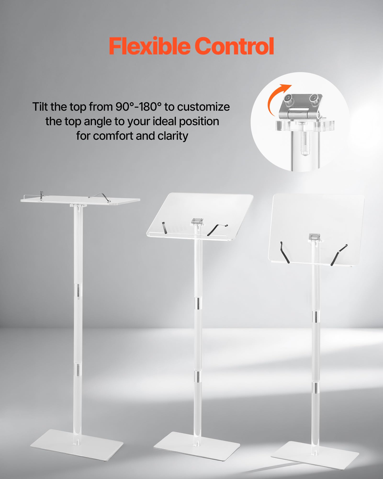 Podium Stand, 41-Inch Acrylic Lectern, Portable Laptop Desk with Wide Reading Surface, Book Clips, Adjustable Angle, Floor-Standing, for Classroom, Wedding, Conference, Lecture and Concert
