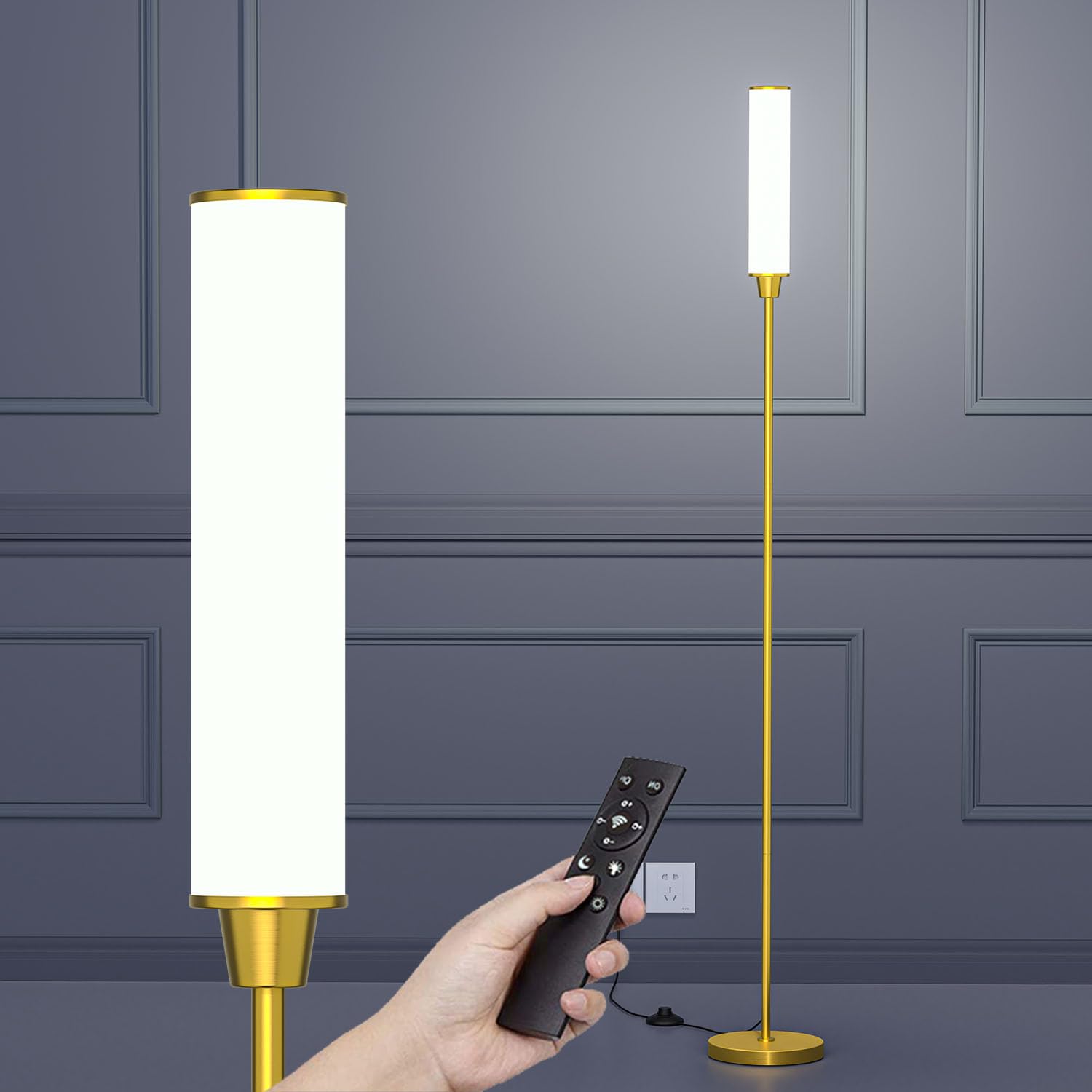 Floor Lamp with Remote Control,Bright Floor Lamps for Living Room/Bedroom/Office, Stepless Adjustable 3000K-6000K Colors and 10-100% Brightness,Standing Light with Foot Switch (Brass Gold)