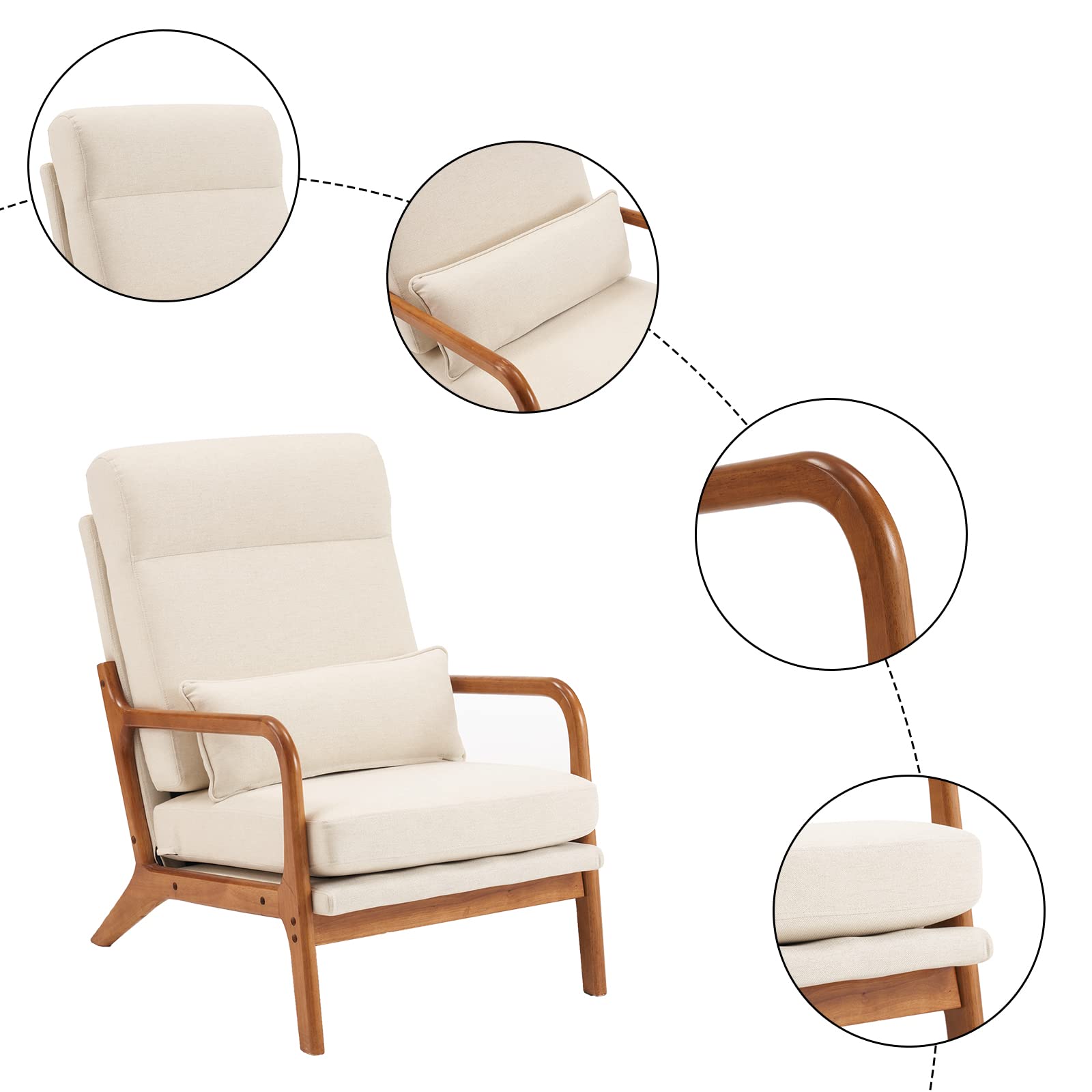 High Back Beige Accent Chairs Set of 2, Upholstered Mid Century Modern Lounge Fabric Chairs Reading Chairs Side Sitting Chair Solid Wood Farmhouse Armchairs for Living Room, Bedroom, Guest Room