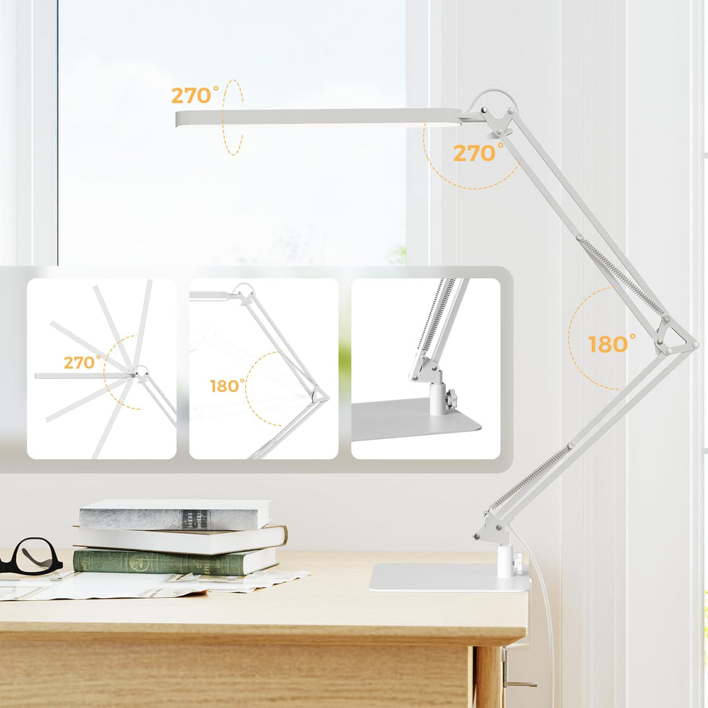 LED Desk Lamp with Slim Base - Adjustable Swing Arm Desk Light, Dimmable, Timer, Eye Protection, Memory Function, 1300LM, 12W, White