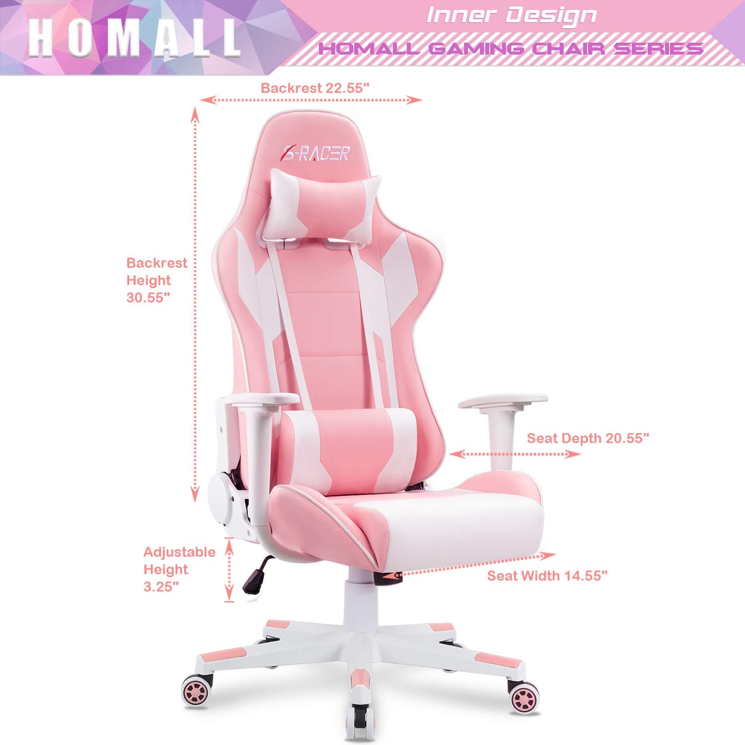 Gaming Chair, Office Chair High Back Computer Chair Leather Desk Chair Racing Executive Ergonomic Adjustable Swivel Task Chair with Headrest and Lumbar Support(Pink)