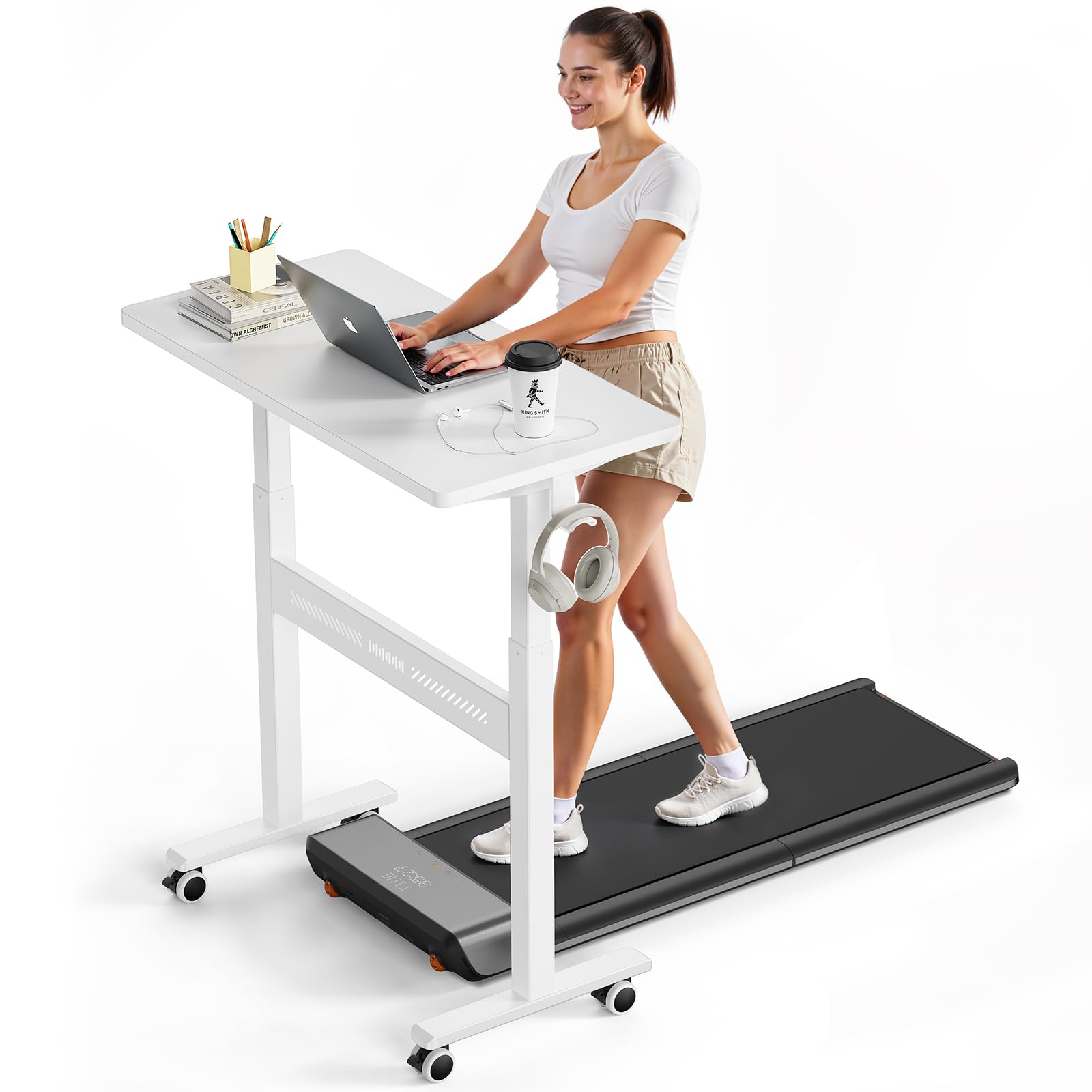 Mobile Walking Pad Desk with Wheels, Pneumatic Small Rolling Standing Desk Riser Height Adjustable (28-43.7
