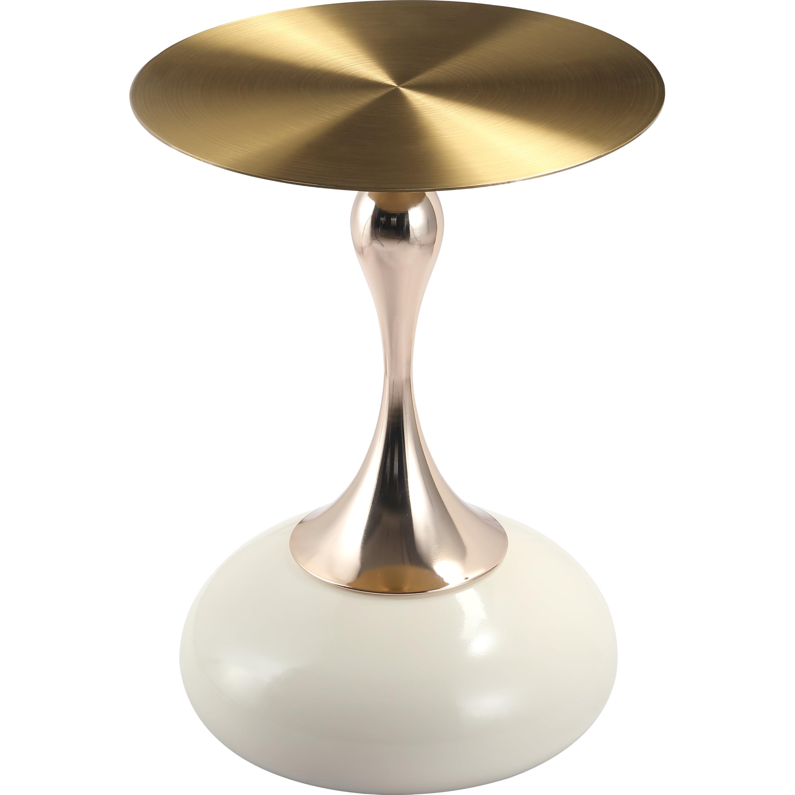 Modern Round Side Table with Gold Stainless Steel Top, Gold Pedestal Stem & Glossy Base, Accent End Table for Living Room, Bedroom, or Small Spaces, 17.7" × 21.6", White