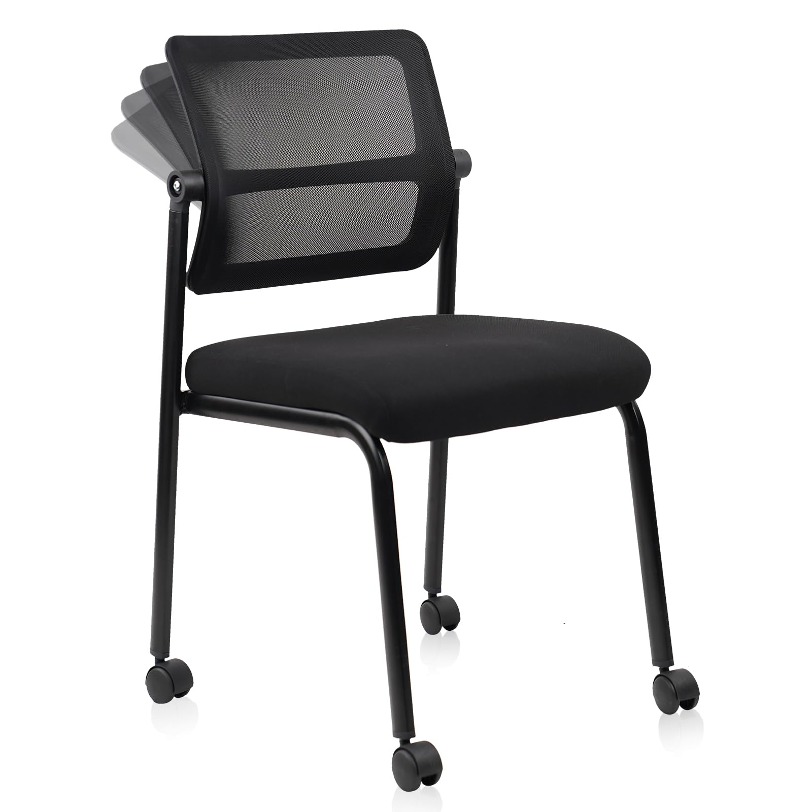 Stacking Armless Office Waiting Room Chair with Wheels, Stackable Mesh Guest Reception Desk Chairs with Adjustable Backrest for Conference Lobby Side School, Black