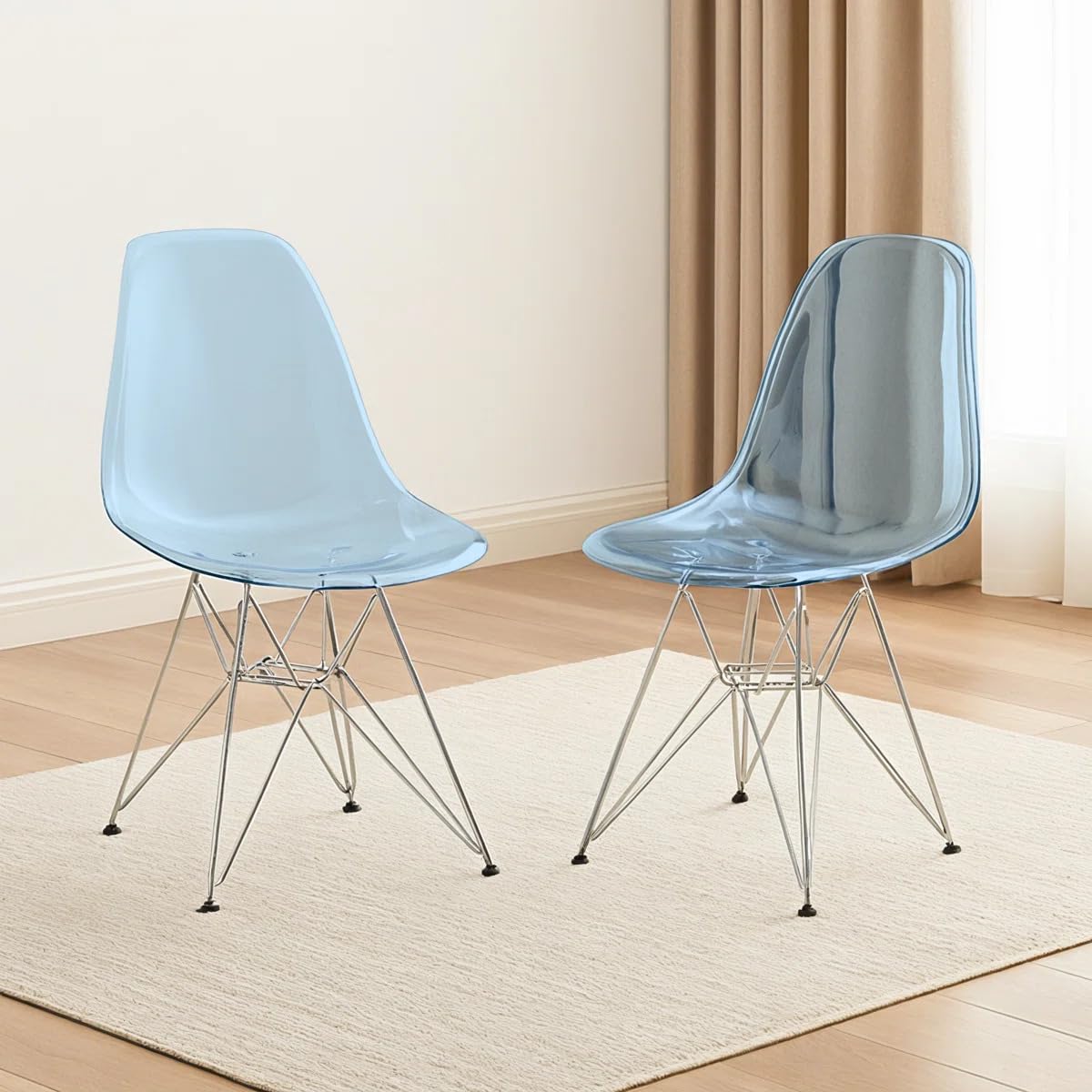 Dining Chairs with Chrome Eiffel Base – Set of 2, Curved Back Ergonomic Accent Side Chairs for Modern and Mid-Century Kitchens and Cafes