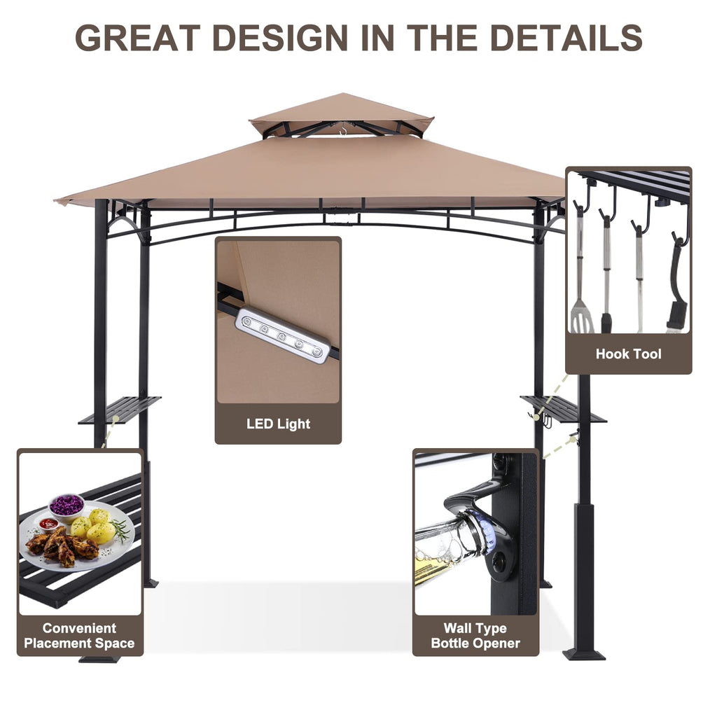 8x5 Grill Gazebo - Outdoor BBQ Canopy Shelter with Led Light for Patio Backyard Grilling (Khaki)