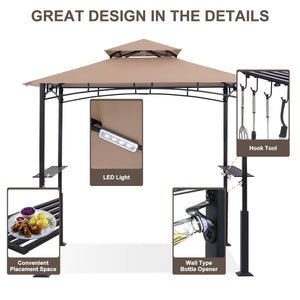 8x5 Grill Gazebo - Outdoor BBQ Canopy Shelter with Led Light for Patio Backyard Grilling (Khaki)