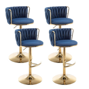 Gold Velvet Bar Stools Set of 4, Swivel Counter Height Bar Stools with Back, Adjustable Woven Barstools for Kitchen Island, Pub, Club (Blue)