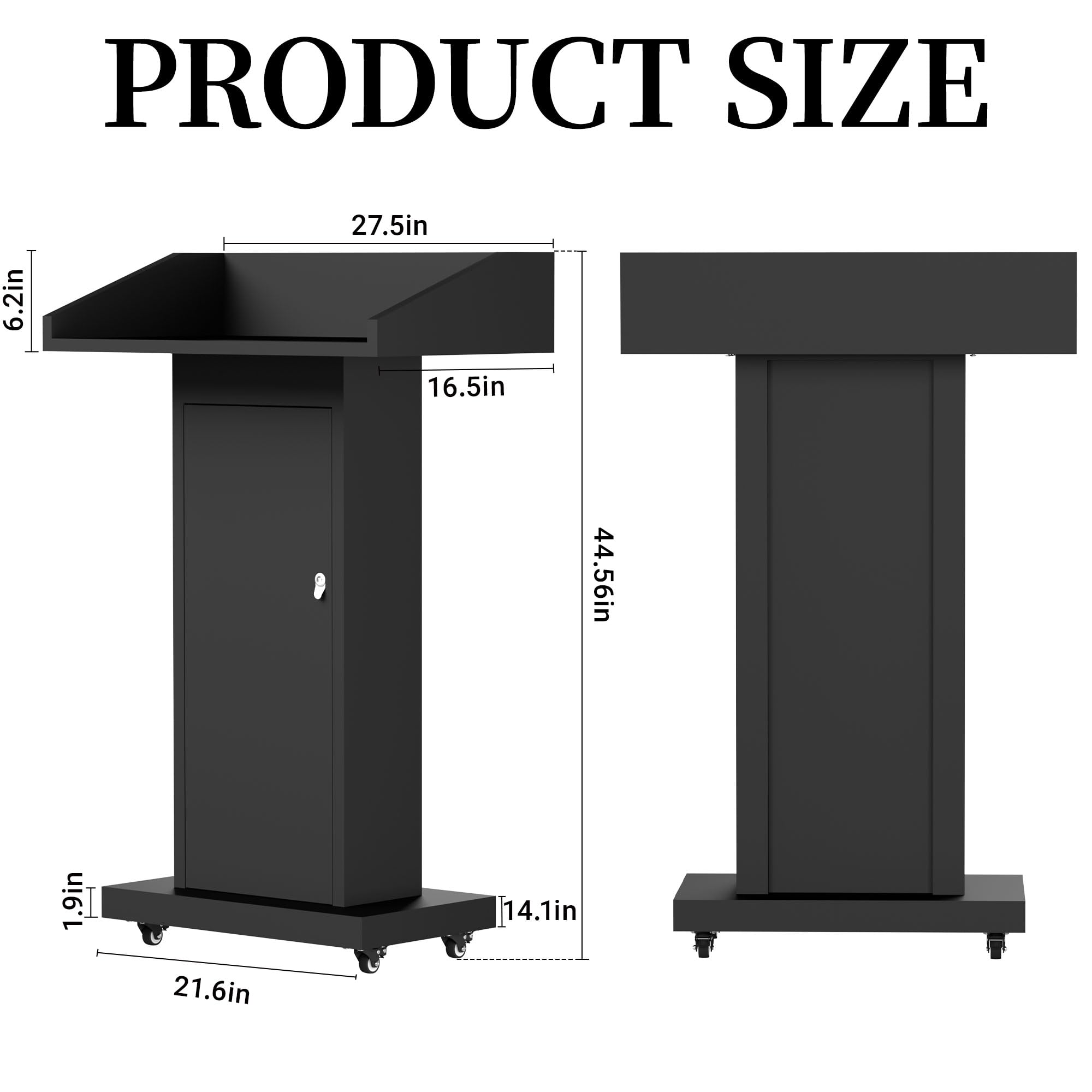 Podium Stand with 4 Locking Wheels, Heavy-Duty Metal Lectern with Large Lockable Storage Cabinet, Flat Desktop for Church, School, Office, and Conference, 43.7" H, Black