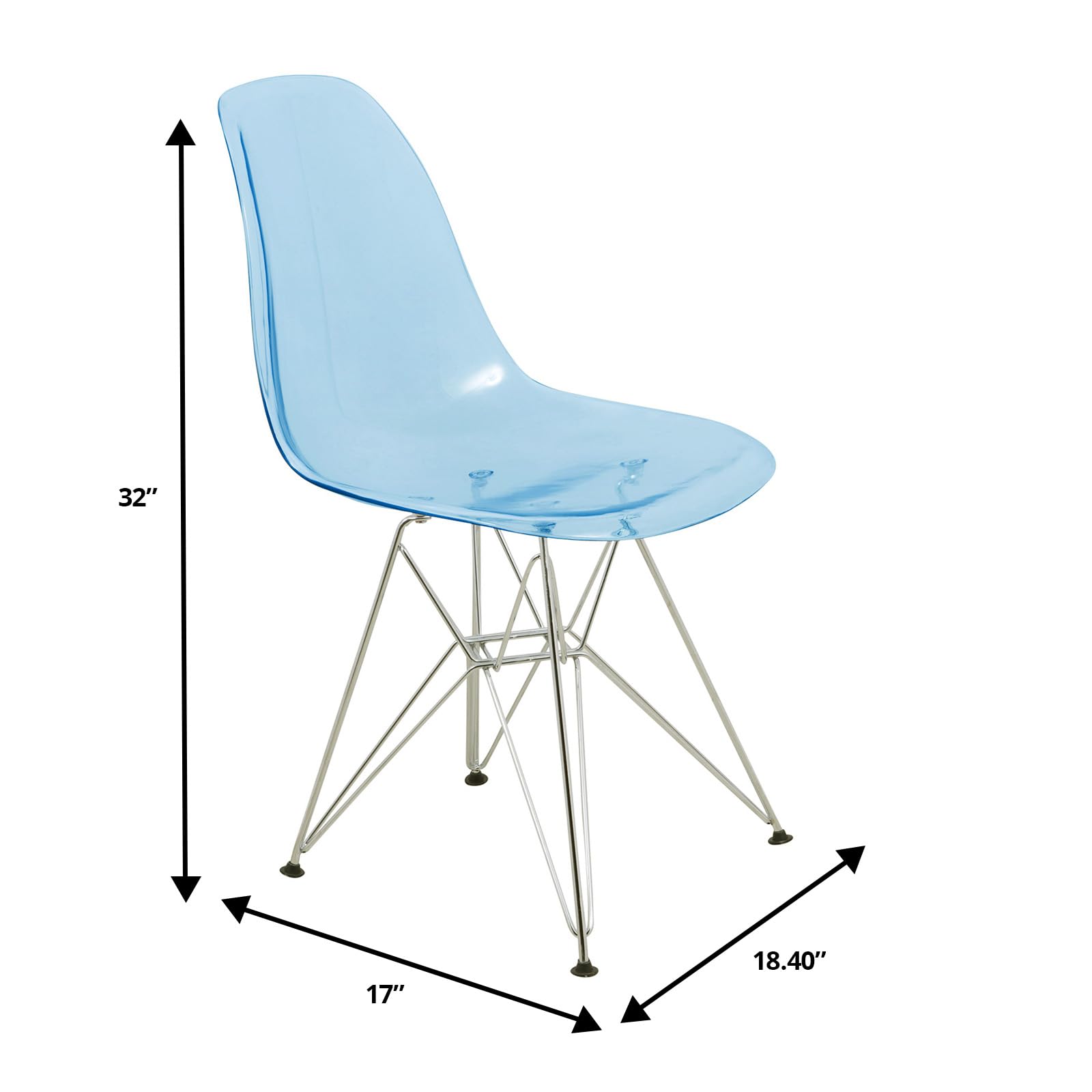 Mid Century Acrylic Dining Chair - Ergonomic & Lightweight Accent Side Chair with Curved Back & Chrome Eiffel Base for Home, Kitchen & Café, Transparent Blue