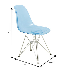 Mid Century Acrylic Dining Chair - Ergonomic & Lightweight Accent Side Chair with Curved Back & Chrome Eiffel Base for Home, Kitchen & Café, Transparent Blue