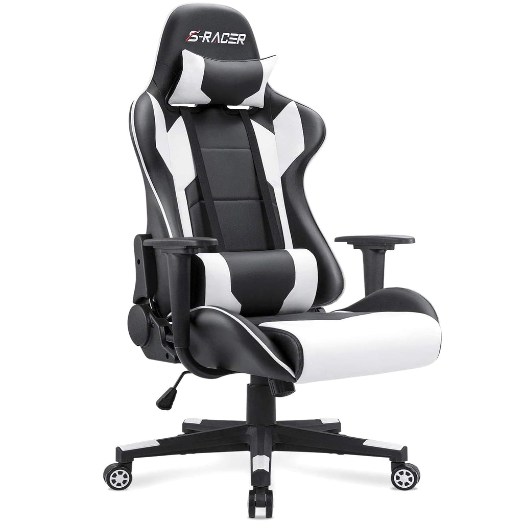 Gaming Chair, Office Chair High Back Computer Chair Leather Desk Chair Racing Executive Ergonomic Adjustable Swivel Task Chair with Headrest and Lumbar Support (White)
