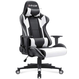 Gaming Chair, Office Chair High Back Computer Chair Leather Desk Chair Racing Executive Ergonomic Adjustable Swivel Task Chair with Headrest and Lumbar Support (White)