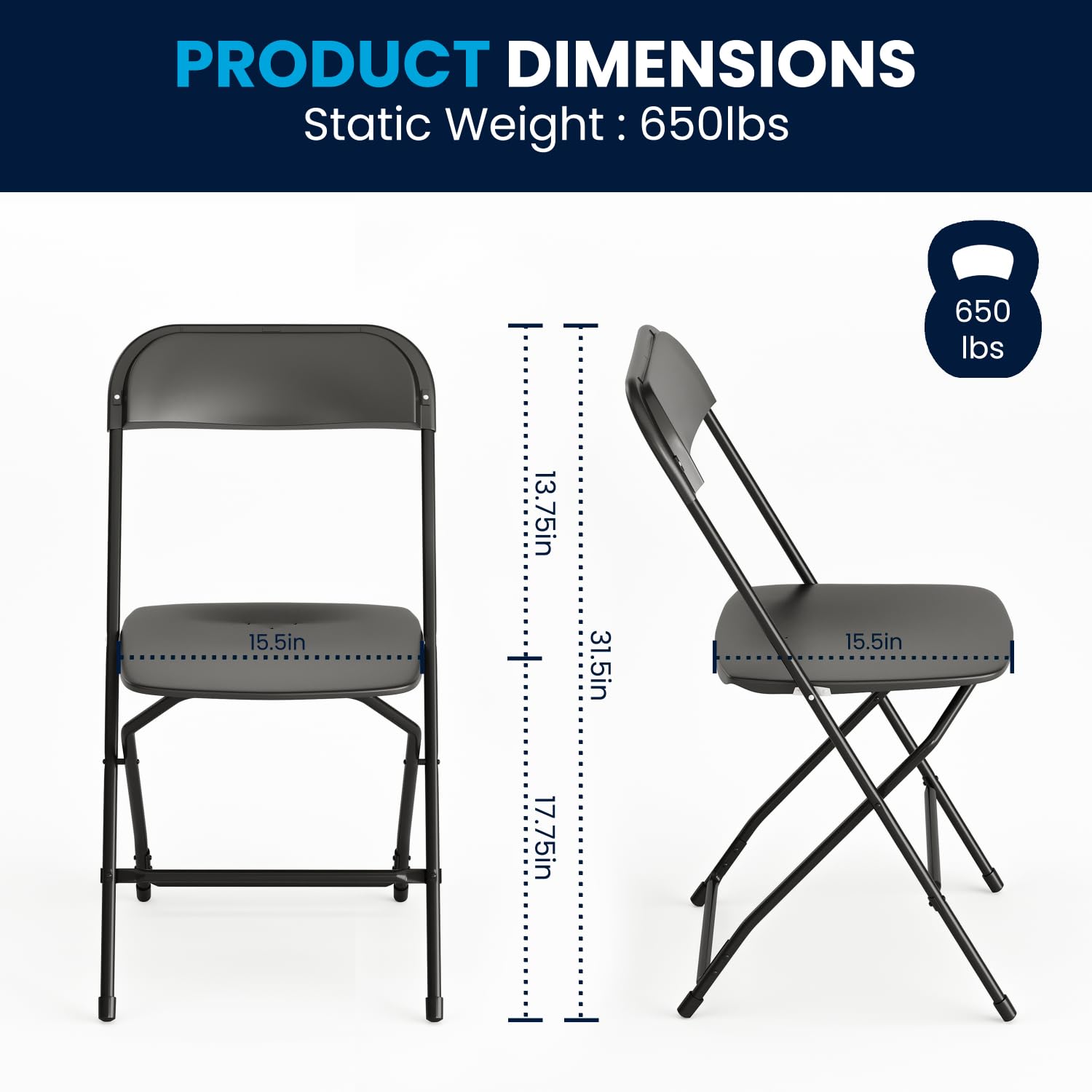 Set of 6, Black , Hercules Series Plastic Folding Chairs for Parties and Weddings, Stackable Commercial Event Seats with 650-lb. Static Weight Capacity,